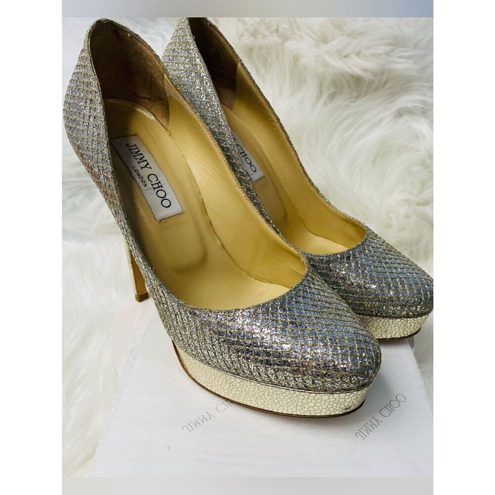 Jimmy Choo Authentic Alex Cosmic Champagne Glitter Heels — Size EU 37 ½